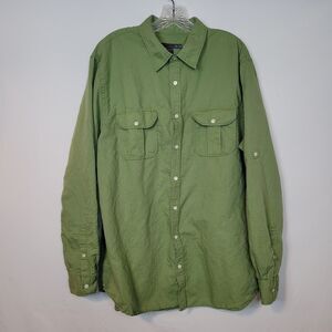 Old Navy Linen Blend Shirt Mens XL Green Button Up Flap Pockets Preppy Casual